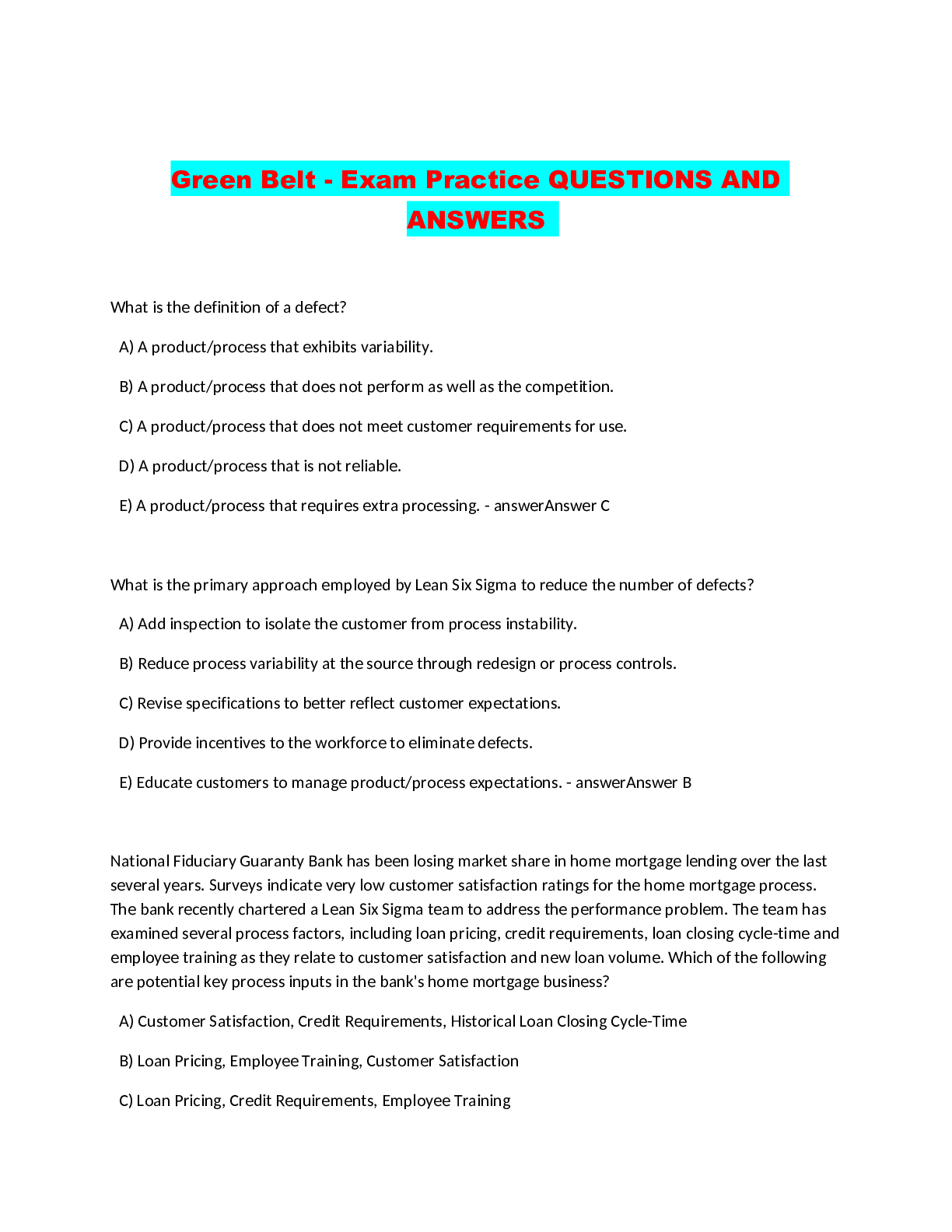 Preview image for Green Belt - Exam Practice QUESTIONS AND ANSWERS